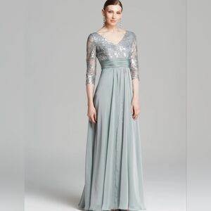 Adrianna Papell Gown Three Quater Sleeve V neck Sequin Bodice Size 14W